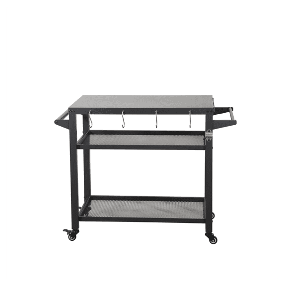 Outdoor Grill Table with Wheels, 3-Shelf Prep Cart for Blackstone Griddle, Pizza Oven Table, BBQ Side Table with Propane Tank Hook & Tool Hooks Grey + Metal