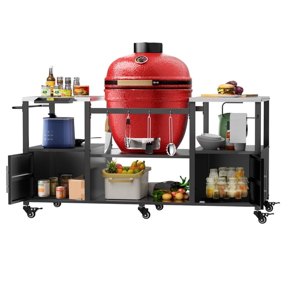 Outdoor Grill Table for Big Green Egg Style BBQ, Metal Grill Cart with 2 Folding Panels, Compatible with up to Large Green Egg, Kamado Joe Jr