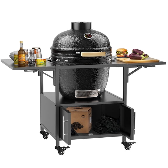 Outdoor Grill Table for Big Green Egg Style BBQ, Metal Grill Cart with 2 Folding Panels, Compatible with up to Large Green Egg, Kamado Joe Jr