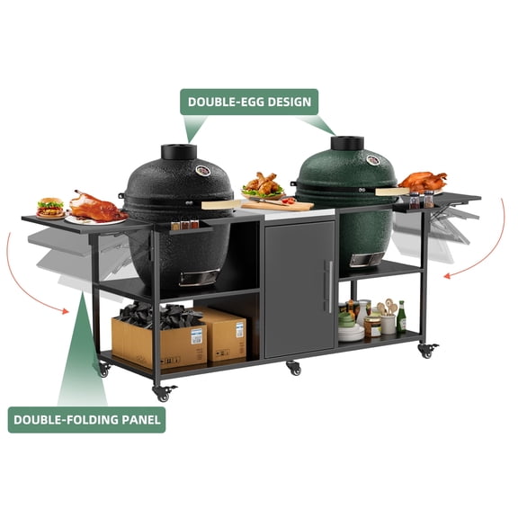 Outdoor Grill Table for Big Green Egg Style BBQ, Metal Grill Cart with 2 Folding Panels, Compatible with up to Large Green Egg, Kamado Joe Jr