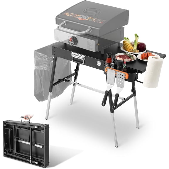 Outdoor Grill Table stone Griddle Stand 17" & 22", Folding Camping Table with Side Shelf and Caddy, Grill Stand& Pizza Oven Table for Tailgating, stone Griddle Accessories