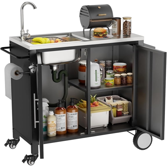 Outdoor Grill Table with 304 Stainless Steel Sink, BBQ Cart with Cabinet & Wheels, Prep Station with Spice Rack & Storage