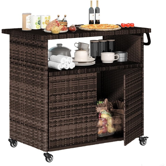 Outdoor Grill Table with Storage Kitchen Island Prep Table Rattan Cabinets for Patio, Backyard, Bar, BBQ Serving Cart