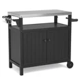 thumbnail image 1 of Outdoor Grilling Table with Storage,,Waterproof Outdoor Grill Cabinet,Stainless Steel Tabletop Outdoor Kitchen Island,BBQ Cart with Wheels,Hooks and Side Shelf, 1 of 5
