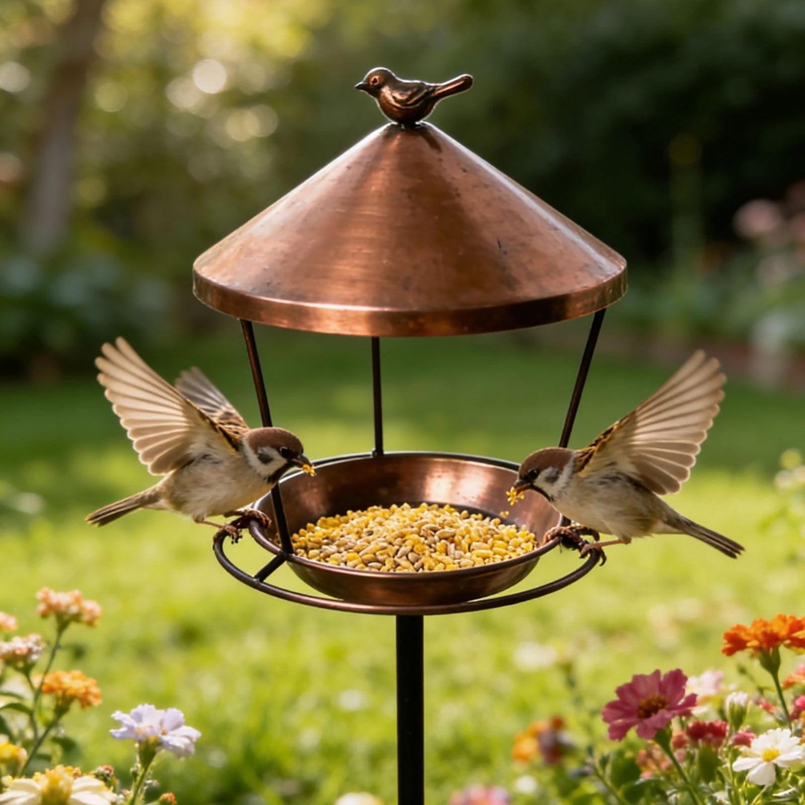 Outdoor Ground Standing Iron Bird Feeder, Sturdy Metal Lawn Bird Feeders, Bird Feeder with Stand for Longtime Outdoor Lasting Heavy Duty