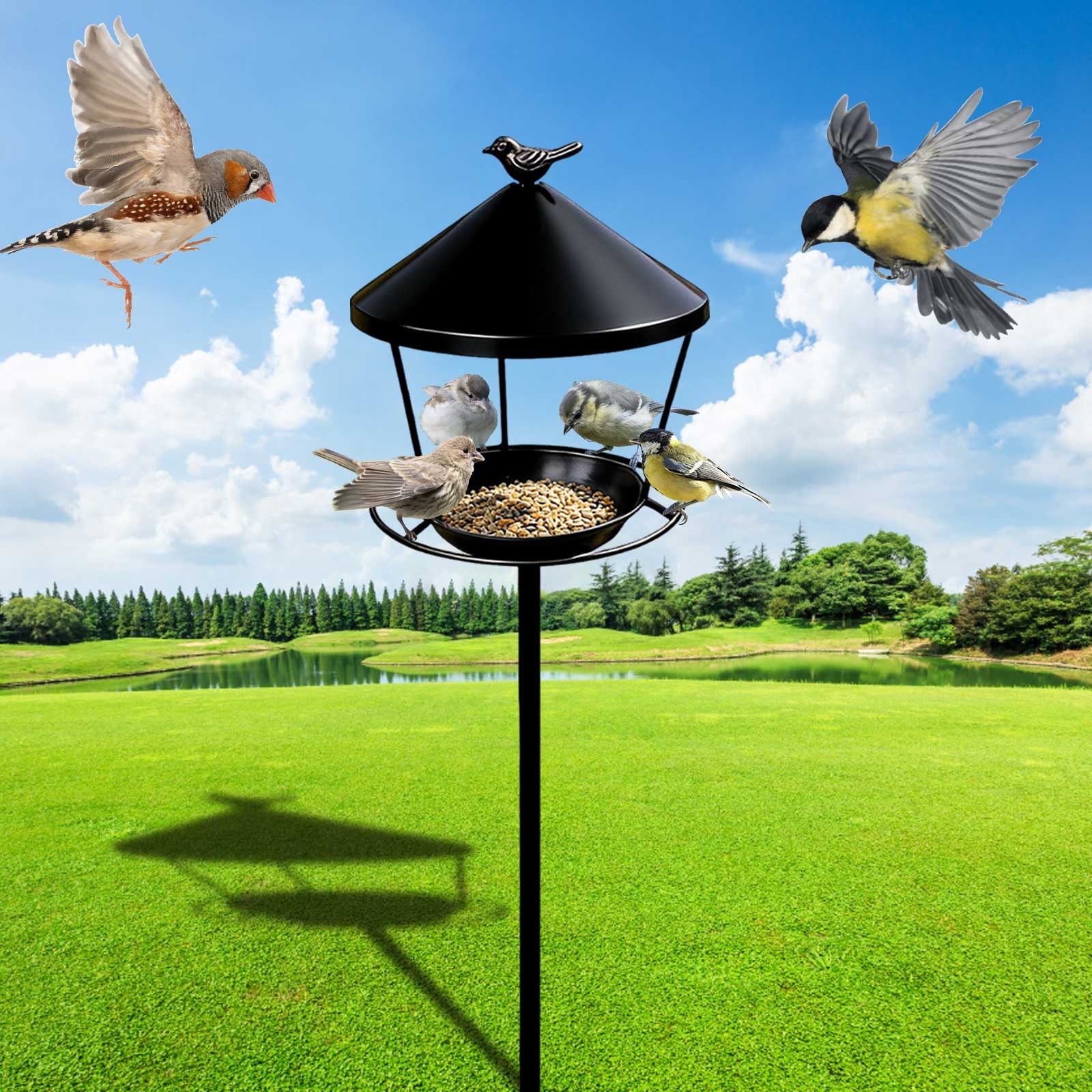 Outdoor Ground Standing Iron Bird Feeder, Sturdy Metal Lawn Bird Feeders, Bird Feeder with Stand for Longtime Outdoor Lasting Heavy Duty