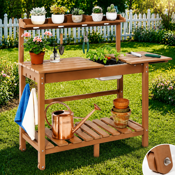 Outdoor HDPE Potting Bench, Garden Work Table with Sliding Tabletop, Removable Sink, Storage Storage Shelf, Hooks & Wheels for Planting & Gardening