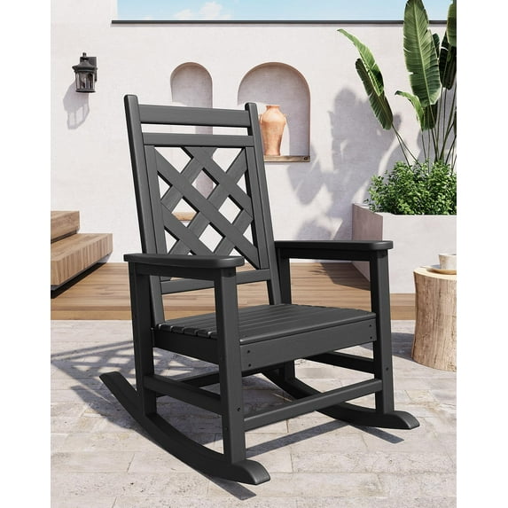 Outdoor HDPE Rocking Chair with Wood Texture, Weather Resistant Porch Rocker with 380 LBS Support for Patio, Backyard, Balcony and Garden