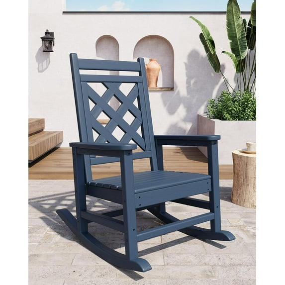Outdoor HDPE Rocking Chair with Wood Texture, Weather Resistant Porch Rocker with 380 LBS Support for Patio, Backyard, Balcony and Garden
