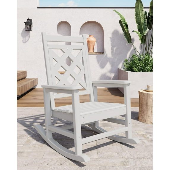Outdoor HDPE Rocking Chair with Wood Texture, Weather Resistant Porch Rocker with 380 LBS Support for Patio, Backyard, Balcony and Garden