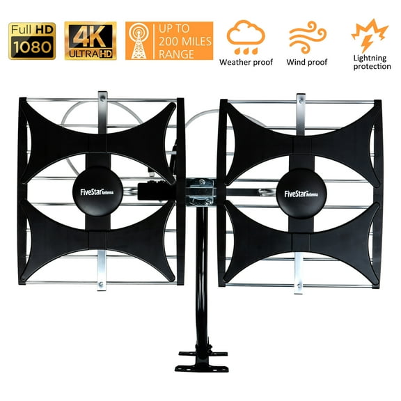 Outdoor HDTV Amplified Antenna - up to 200 Mile Range, Multi-Directional, UHF/VHF, 4K Ready 1080P FM Radio w/ 40ft RG6 coaxial Cable, Mounting Pole