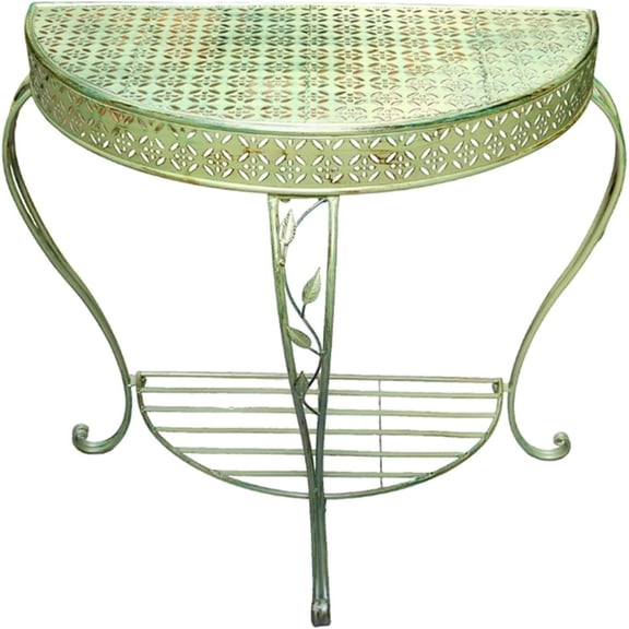 Outdoor Half-Moon Patio Console Table, 2 Tier Iron Half Round Garden Porch Table, Antique All-Weather Mid Century Tables(Green)