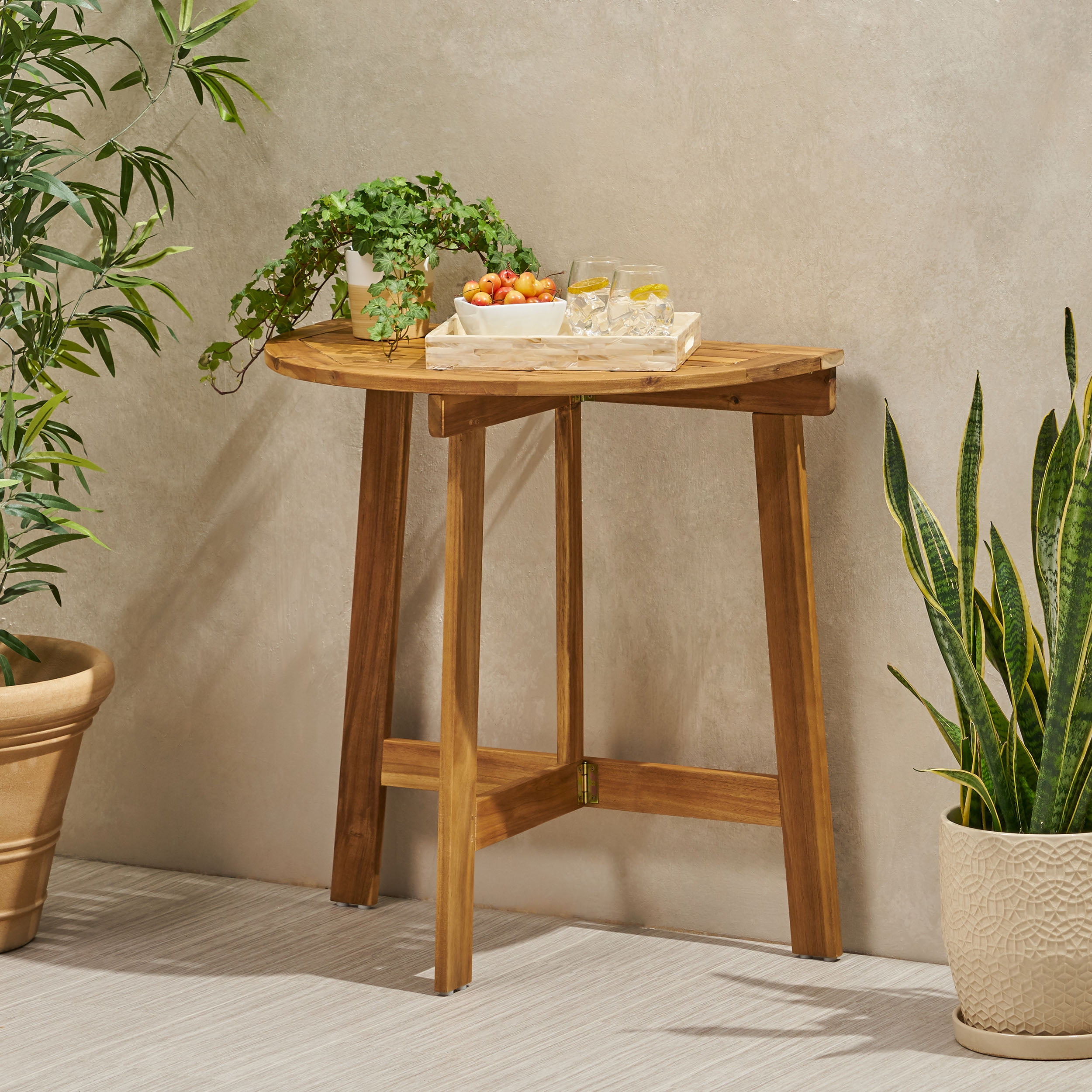 Outdoor Half Round Folding Bistro Table, Acacia Wood Desktop for Patio Balcony, Natural
