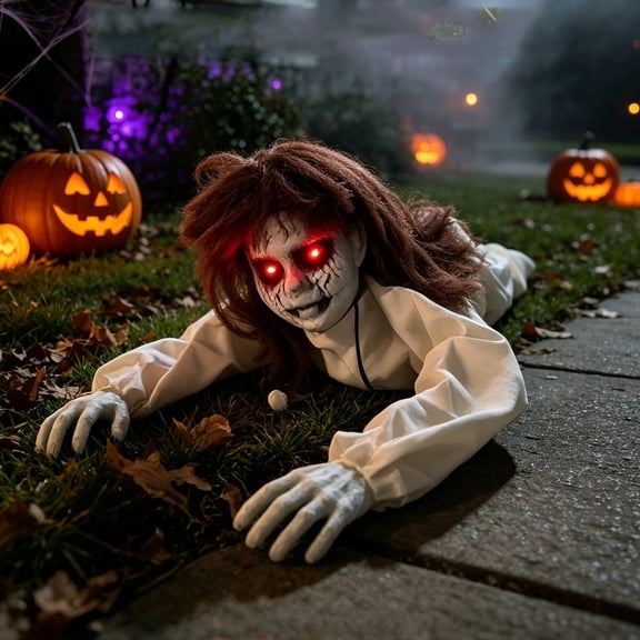 Outdoor Halloween Animatronic 31" Crawling Zombie with Lighted Red Eyes & Sounds,Scary Animated Crawling Women Zombie Decor,Creepy Voice,Sound & Motion Activated Climbing Ghost Women