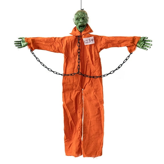 Outdoor Halloween Animatronics Decoration,35.4" Scary Hanging Ghost Prisoner Decor with Red Light Eyes,Spooky Sounds for Yard,Patio,Haunted House,Animated Zombie Prisoner with Sound Touch Activated