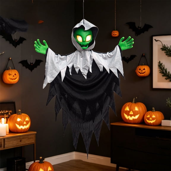 Outdoor Halloween Animatronics Decoration,39.3" Scary Flying Talking Alien with Lighted Eyes,Terrifying Sound for Yard,Patio,Haunted House,Sound & Motion Activated Hanging Alien Props