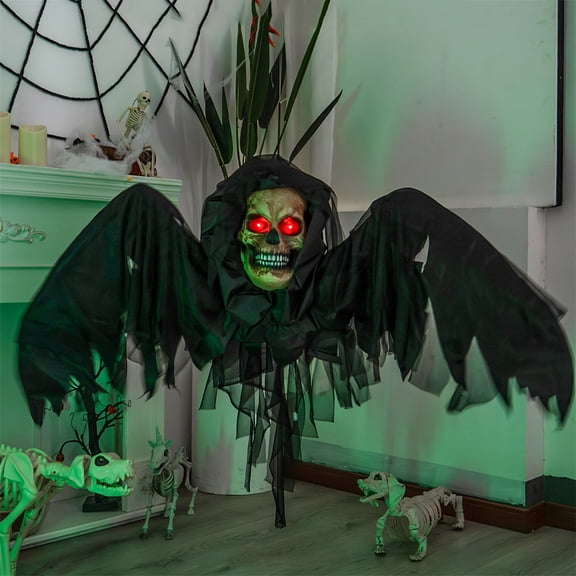 Outdoor Halloween Animatronics Decoration,47.2" Scary Grim Reaper with wings and Spooky Sounds for Yard,Patio,Haunted House,Hanging Swinging Body Skeleton Ghost with Sound Activated