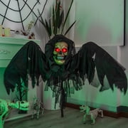 Outdoor Halloween Animatronics Decoration,47.2" Scary Grim Reaper with wings and Spooky Sounds for Yard,Patio,Haunted House,Hanging Swinging Body Skeleton Ghost with Sound Activated