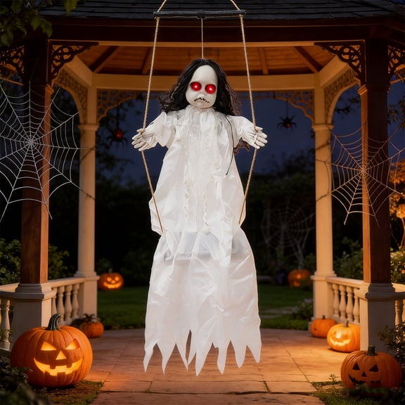 Outdoor Halloween Animatronics Decoration,55" Scary Swinging Ghost Girl with Lights and Creepy Sounds for Yard,Patio,Haunted House,Hanging Swinging Ghost with Sound & Sensor Activated