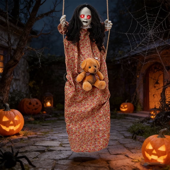 Outdoor Halloween Animatronics Decoration, 55" Scary Swinging Ghost Girl with Red LED Eyes,Terrifying Sound for Yard,Patio,Haunted House, Sound & Sensor Activated Hanging Swinging Ghost