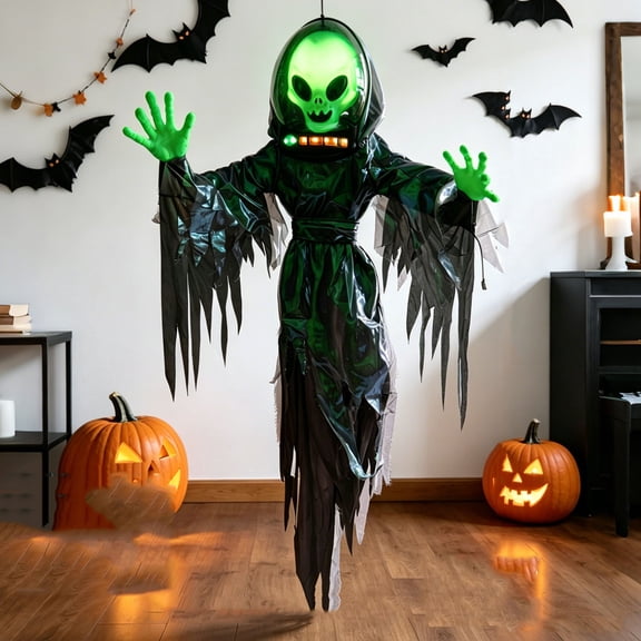 Outdoor Halloween Animatronics Decoration,57" Scary Flying Talking Alien with Lighted Face,Terrifying Sound for Yard,Patio,Haunted House,Sound & Motion Activated Hanging Alien Props