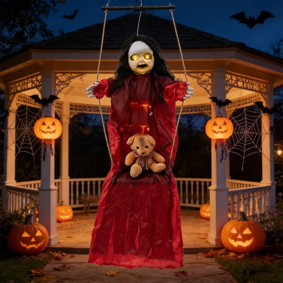 Outdoor Halloween Animatronics Decoration, 61" Scary Swinging Ghost Girl with LED Eyes,Terrifying Sound for Yard,Patio,Haunted House, Sound & Sensor Activated Hanging Swinging Ghost