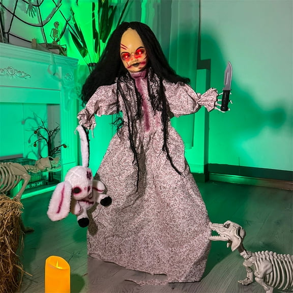 Outdoor Halloween Animatronics Decoration,Sound Touch Activated 35.4" Scary Standing Ghost Girl with Red Eyes,Sounds for Yard,Patio,Haunted House,Animated Shaking Body Zombie Girl with Knife