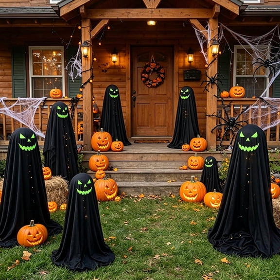 Outdoor Halloween Black Ghost Yard Prop with Telescopic Stand, Light Up Fabric Draped Phantom with Glowing Face for Front Porch, Garden, Lawn and Walkway Decor