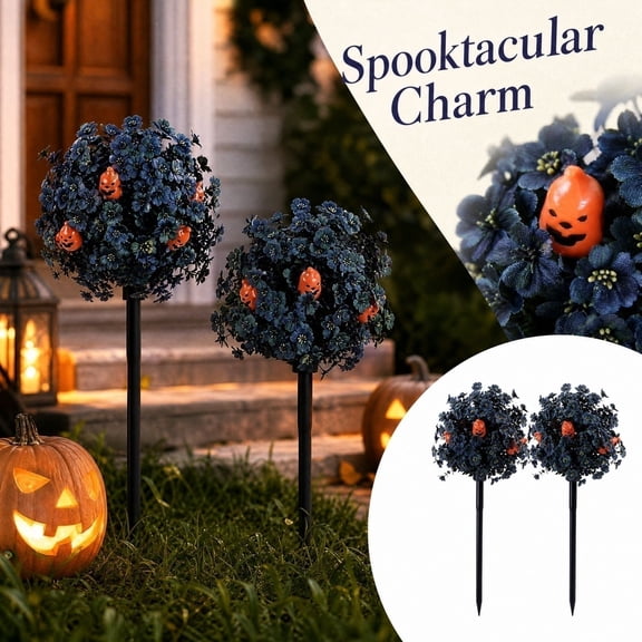 Outdoor Halloween Decor, 2 Pcs Dark Blue Artificial Flower Halloween Pumpkin Ground Stakes, Spooky Halloween Decorations for Yard, Blue Flowers Artificial for Cemetery and Flower