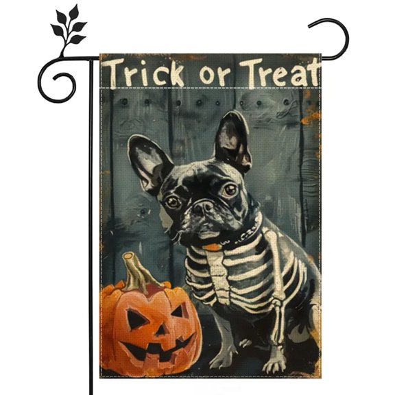 Outdoor Halloween Decor Garden Flag 12x18 Double Sided Burlap, Trick or Treat Boston Terrier Skeleton Dog Yard Flag