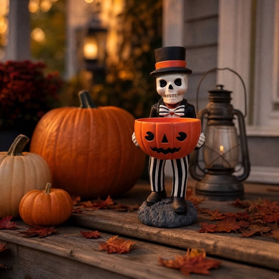 Outdoor Halloween Decor Skeleton Candy Bowl Statue, Resin Pumpkin Dish 11 Inch Top Hat Bow Tie for Porch Yard Entryway Table Centerpiece