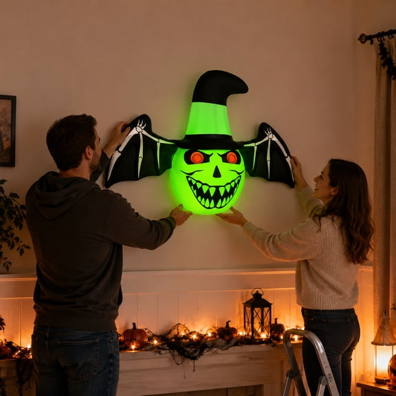 Outdoor Halloween Decorations, 40X24 Inch Inflatable Glowing Green Scary Bat with Witch Hat and Built-In Lights, Perfect for Backyard, Entryway, Garden, Living Room, Party Entry