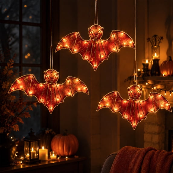 Outdoor Halloween Decorations Halloween Porch Decor, LED Light-Up Hanging Bat with Oversized Realistic Shape Gentle Glow for Porch, Door, Yard, Halloween Night Light