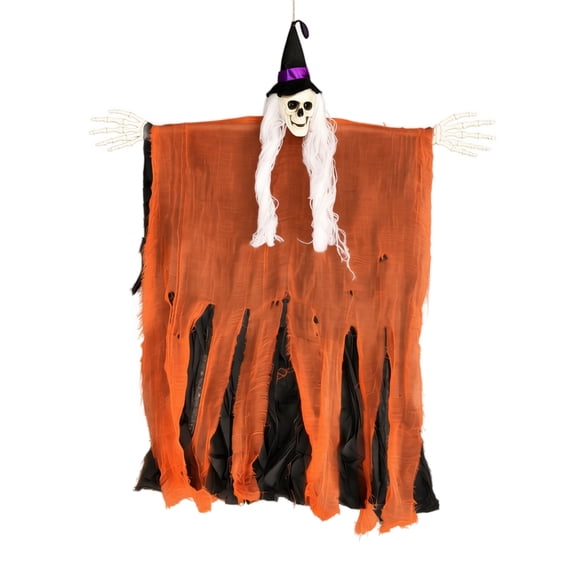 Outdoor Halloween Decorations, Witch Halloween Decorations, Halloween Ghost Decorations, Haunted House Decorations, Orange Tattered Gauze Hanging Skeleton Witch Hanger, 11X4.7X4.7