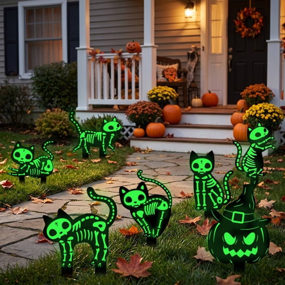 Outdoor Halloween Decorations Yard Signs - Glow in The Dark Skeleton Black Cat Silhouette Lawn Signs with Stakes for Halloween Lawn Garden Front Yard Decorations Outside,1pc-D