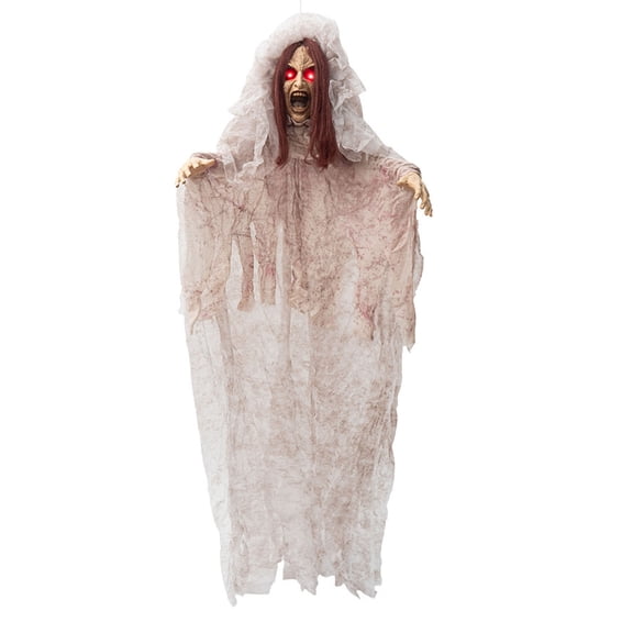 Outdoor Halloween Ghost Bride with Lighted Red Eyes,Scary Ghost Decoration,67" Hanging Zombie Bride Decoration,Bloody Wedding Dress,Indoor Lighted Up Ghost for Yard,Patio Haunted House