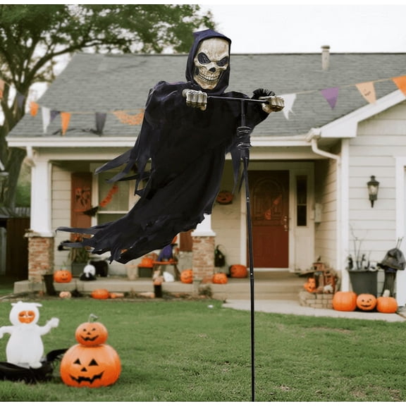 Outdoor Halloween Skeleton Decorations, Flying Rotated Skull Reaper Ghost Scarecrow Decorations for Garden, Porch, Yard