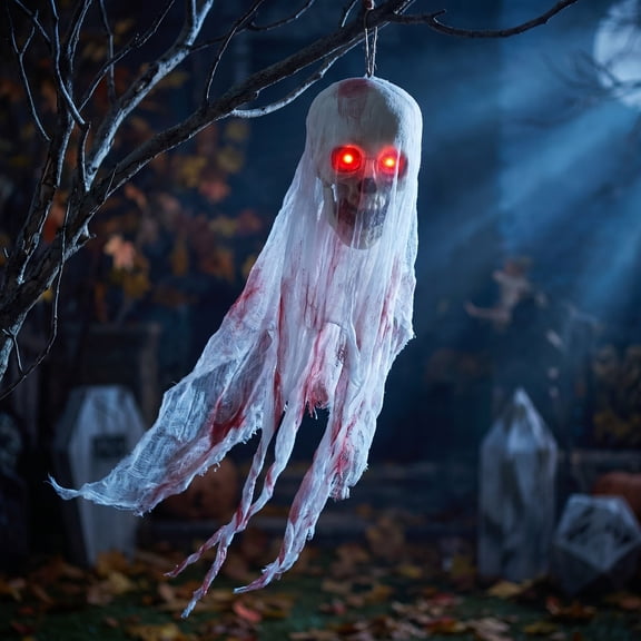 Outdoor Halloween Spooky Home Decor, Glowing Skull With Red LED Eyes and Gradient Tattered Fabric for Door Branch Window Bar Party Backdrop, Haunted Mansion Decor