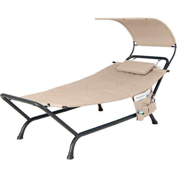 Outdoor Hammock with Canopy, Patio Hanging Chaise Lounge Chair Single Seat, Heavy Duty Swing Hammock Bed with Stand, Rigid Arc Swinging Lounger for Backyard Garden, Adults Exclusive