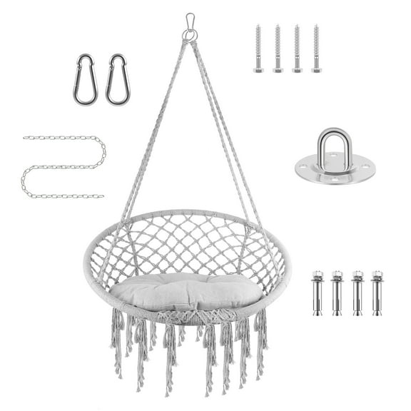 Outdoor Hammock Chair, Metal Fixtures + Hand-Braided Cotton, Cloud-Like Cotton Pad, 330 lb Heavy Duty, Gray Boho Hanging Chair, Designed for Treehouse, Deck, Relaxation