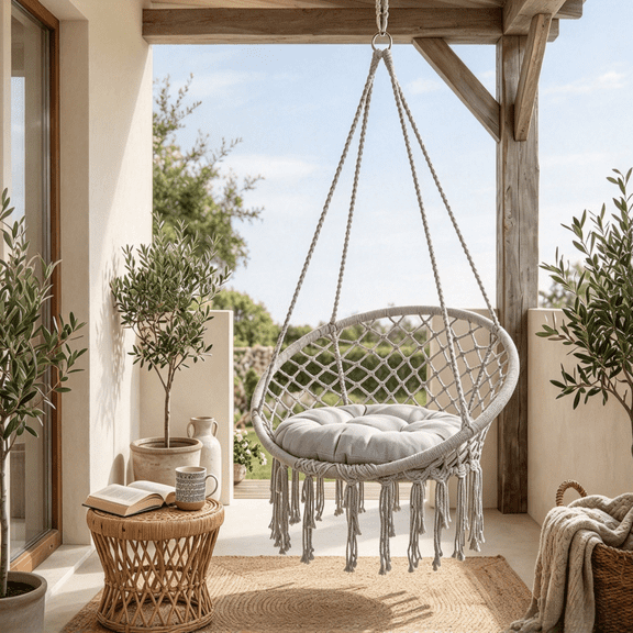 Outdoor Hammock Chair, Patio Hanging Swing Chair with Cushion, Gray Macrame Tree Swing for Backyard Porch Garden, 330 Lbs