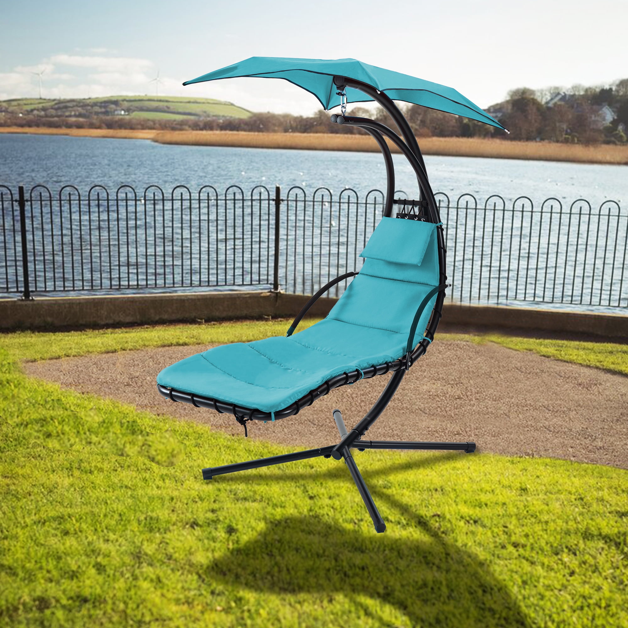 Outdoor Hammock Chair with Stand Hanging Chaise Lounge w Removable Canopy Indoor Lounger Chair Patio Swing with Cushion Pillow Max Weight 330LBS