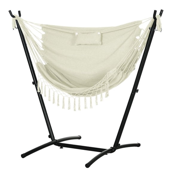 U Shape Hammock Chair with Headrest, Cream White Swing Chair Stand, Indoor Outdoor Hanging Chair, Boho Tassel Swing, 330lbs Capacity