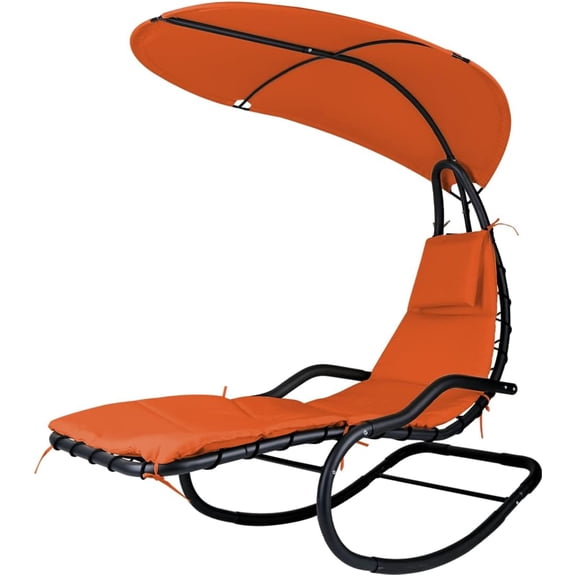 Outdoor Hammock Rocking Chaise Lounge Swing Chair, with Stand and Canopy, Porch Swing w/Soft Cushion Removable Headrest, Outdoor Recliner Rocking Chair for Garden Backyard Poolside (Orange)