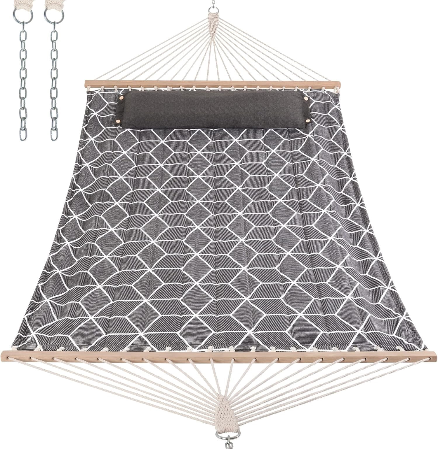 Outdoor Hammock with Spreader Bars and Detachable Pillow, 2 Person Hammock, 450 LBS Weight Capacity, Gray Cube