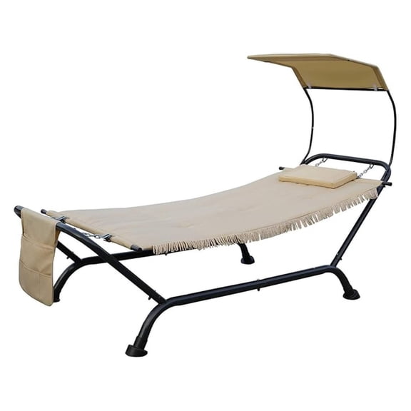 Outdoor Hammock with Stand, Pillow & Pockets - Beige Canvas Hammock for Patio, Yard, or Garden - Portable Camping Hammock with Steel Frame & Storage