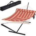 thumbnail image 1 of Outdoor Hammock with Stand, Quilted Fabric Hammock Swing with 12ft Steel Stand, Red Stripes, 1 of 8