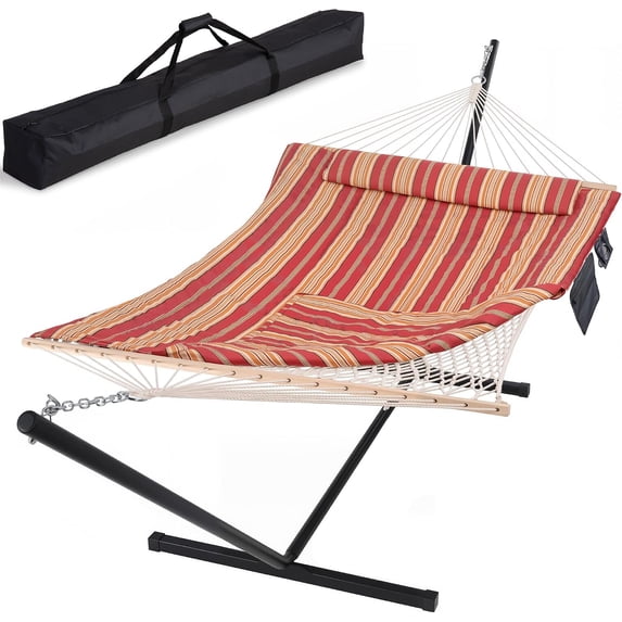 Outdoor Hammock with Stand, Quilted Fabric Hammock Swing with 12ft Steel Stand, Red Stripes