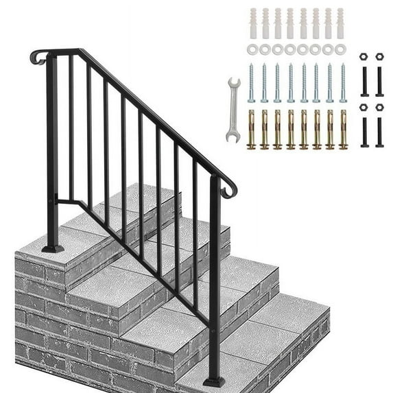 Outdoor Handrail, 3 Step Stair Handrail, Fits 3 or 4 Steps, Wrought Mattle Iron Stair Railing with Curved End and Balusters for Concrete Step, Porch Steps, One-Step Assembly, Black