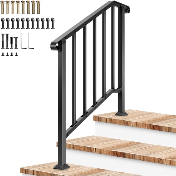 Outdoor Handrail, 3 Step Stair Handrail, 40" x 36" Fits 1 to 3 Steps, Wrought Mattle Iron Stair Railing with Curved Ends and Balusters for Concrete Steps, Porch Steps, One-Step Assembly, Black